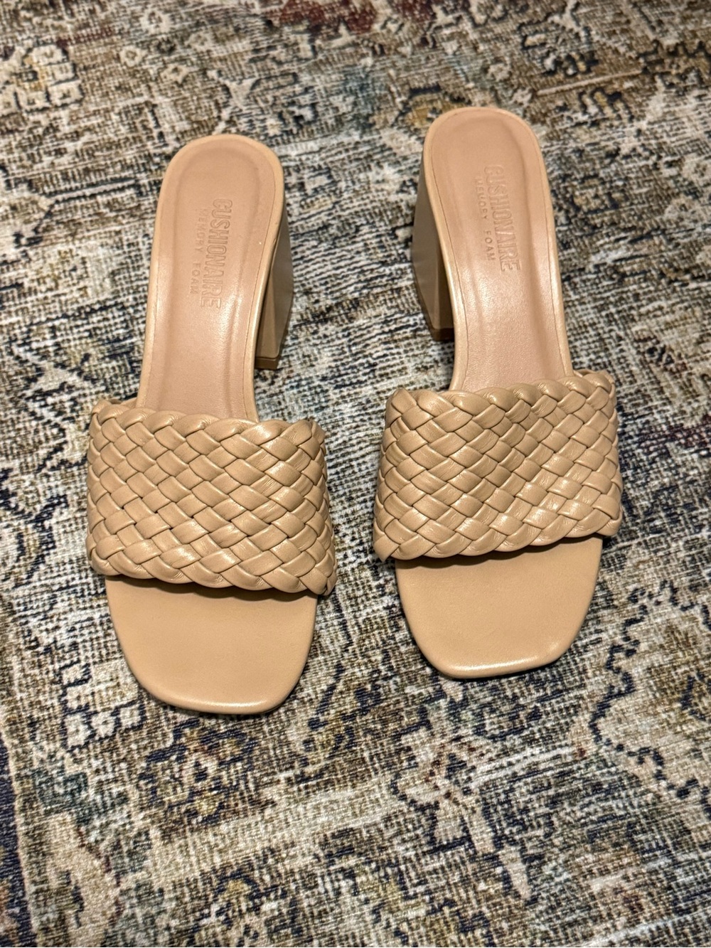 Braided Square-Toe Block Heel Mules in Nude